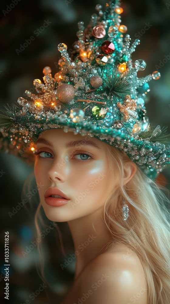 beautiful model with hat in shape of a christmas tree with little lamps beautiful model with hat in shape of a christmas tree with little lamps