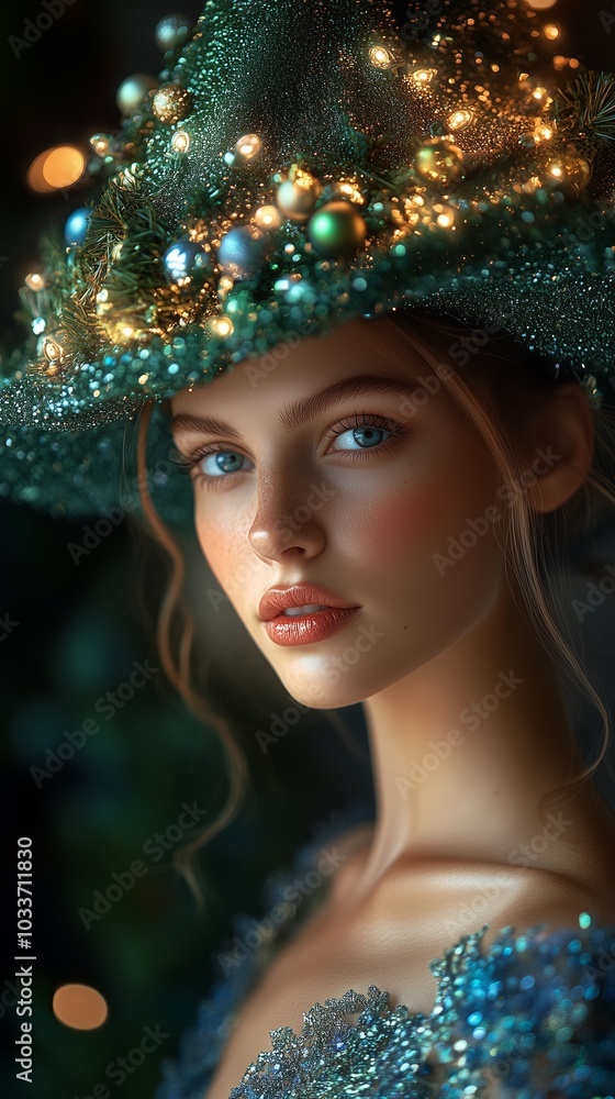 beautiful model with hat in shape of a christmas tree with little lamps beautiful model with hat in shape of a christmas tree with little lamps