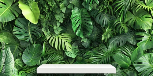 Tropical Jungle Product Display - White Platform with Green Leaves and Wooden Wall Background