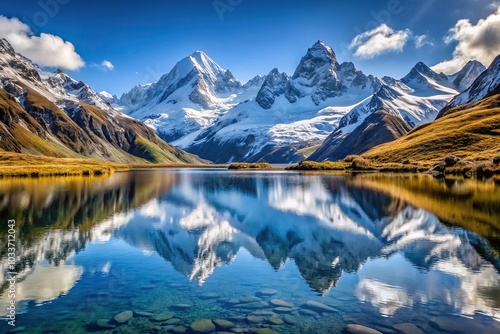 snow capped peaks reflected in a valley lake Long Shot