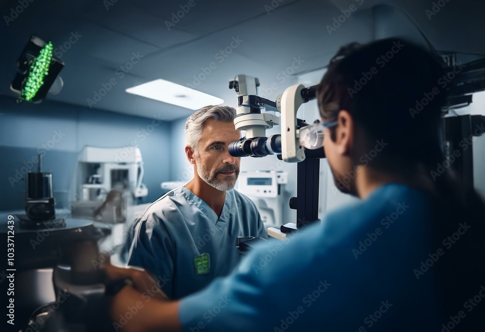 A doctor in blue scrubs examines a patient's eye with a medical device in a sterile room. A doctor in blue scrubs examines a patient's eye with a medical device in a sterile room.