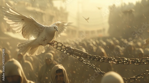 Graceful white dove in flight over enchained crowd in hazy atmosphere photo