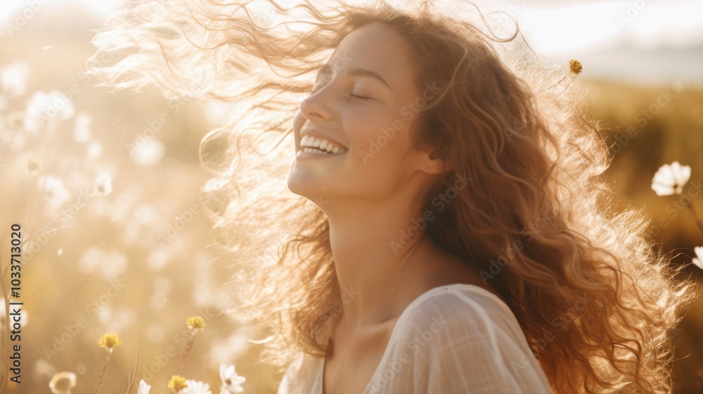 A joyful woman basks in sunlight, her hair playfully tousled by a gentle breeze amid a field of wildflowers. A joyful woman basks in sunlight, her hair playfully tousled by a gentle breeze amid a field of wildflowers.