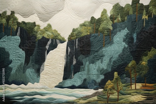 Waterfall in rainforest nature craft quilt.