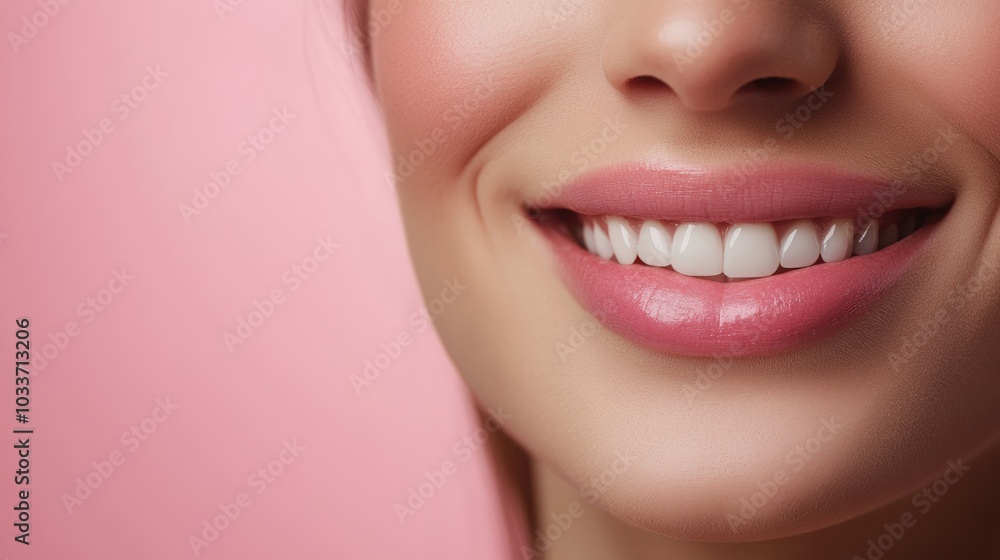 A young woman is smiling, showcasing her plump lips and flawless teeth, perfect for a cosmetology advertisement with vibrant colors. Generative AI A young woman is smiling, showcasing her plump lips and flawless teeth, perfect for a cosmetology advertisement with vibrant colors. Generative AI