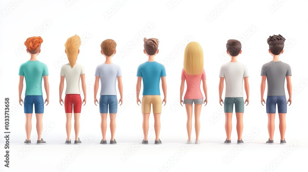 A group of cartoon characters stand in a row A group of cartoon characters stand in a row