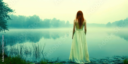 A woman in a white dress stands on a lake