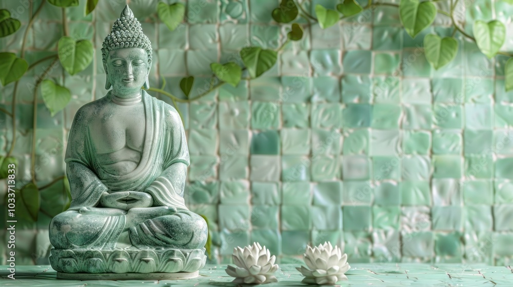 Obraz premium Tranquil and Serene Buddha Statue Sitting in a Lush Green Garden with Blooming Lotus Flowers and Reflection in the Water Peaceful and Calming Oriental Decor for Meditation Mindfulness