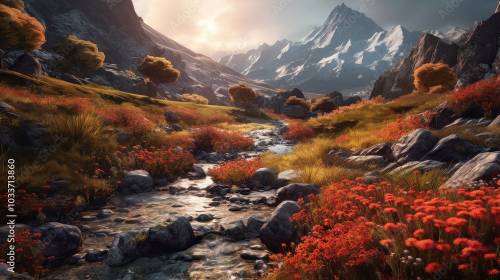 Obraz premium Mountain Stream with Red Flowers