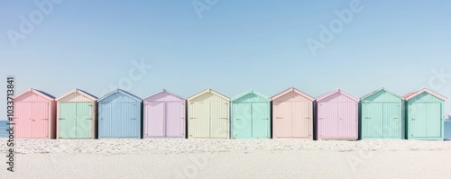 Pastel-colored beach huts on sandy shore.