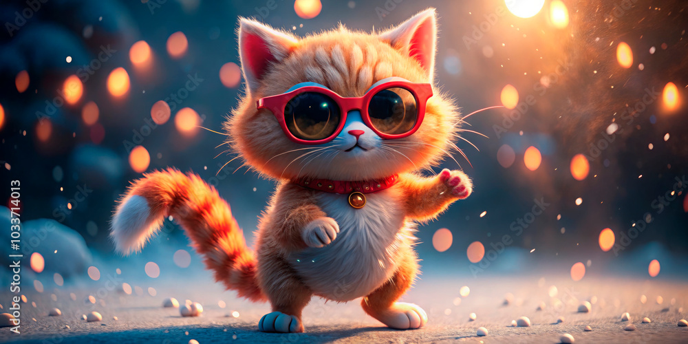A cute, cartoon-style cat with red sunglasses, standing in a festive, colorful scene with bokeh lights. Suitable for holiday promotions, pet-related businesses, and fun holiday marketing campaigns. A cute, cartoon-style cat with red sunglasses, standing in a festive, colorful scene with bokeh lights. Suitable for holiday promotions, pet-related businesses, and fun holiday marketing campaigns.
