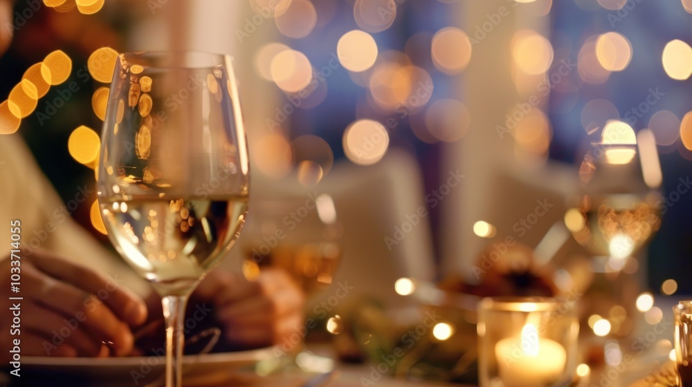 Elegant dinner setting with wine glass and warm candlelight at festive gathering Elegant dinner setting with wine glass and warm candlelight at festive gathering