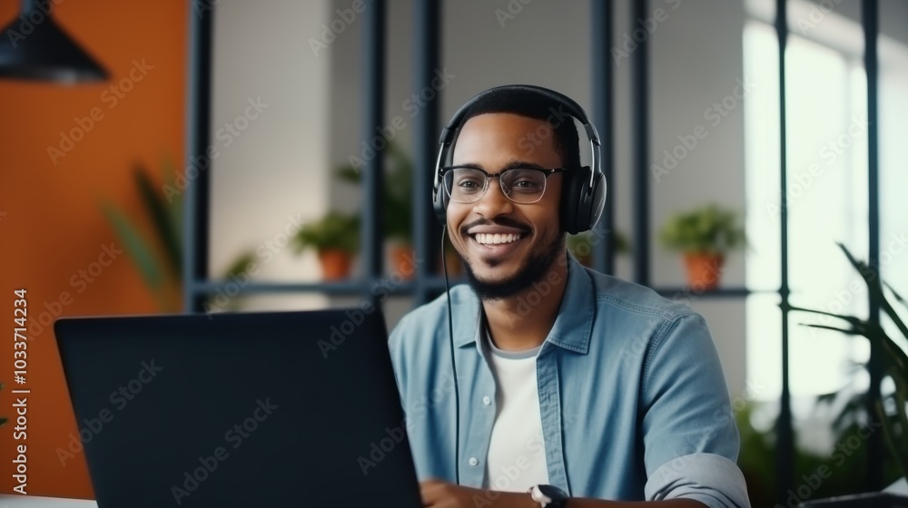 Fototapeta premium A smiling man with a wireless headset enjoys a moment at his desk, embodying the essence of modern connectivity and ease.