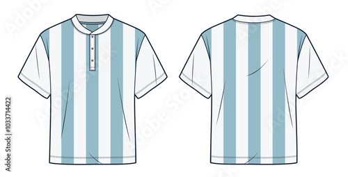 Tee Shirt fashion design. Unisex T Shirt technical fashion illustration, half button, striped, relaxed fit, front and back view, whiteand blue, women, men, unisex CAD mockup.