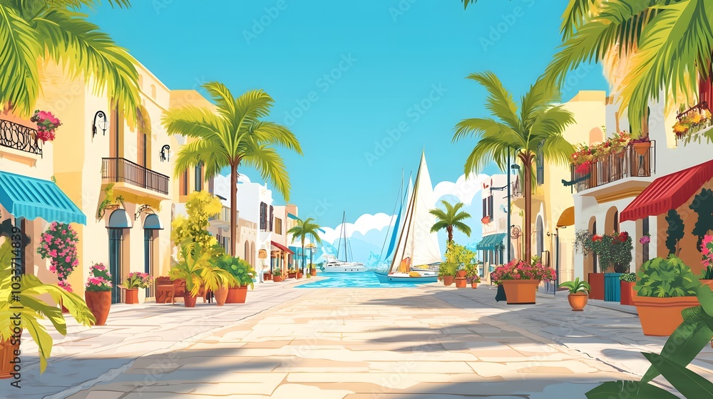 Fototapeta premium A beautiful illustration of the coastal city street in Sh quien el marina, Egypt with luxury villas and shops on either side of it.