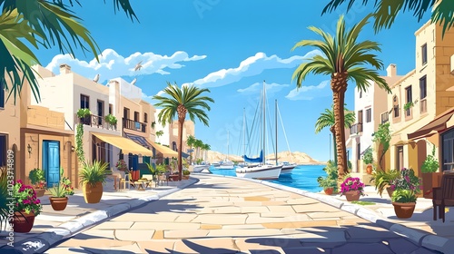 A beautiful illustration of the coastal city street in Sh quien el marina, Egypt with luxury villas and shops on either side of it.