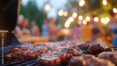 Grilled meats on a barbecue with people enjoying a summer evening party in the blurred background -