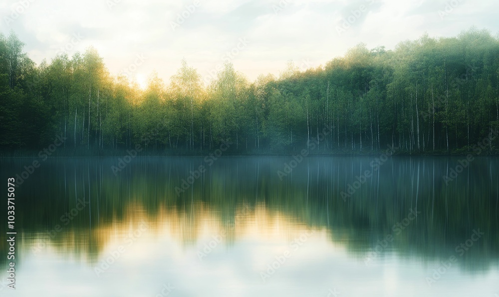 Fototapeta premium Trees reflected in a calm lake.