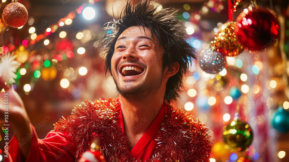 サンタ衣装の日本人男性とオーナメント遊び サンタ衣装の日本人男性とオーナメント遊び