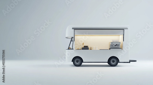 Modern minimalist food truck showcasing a clean design with bright interior lighting