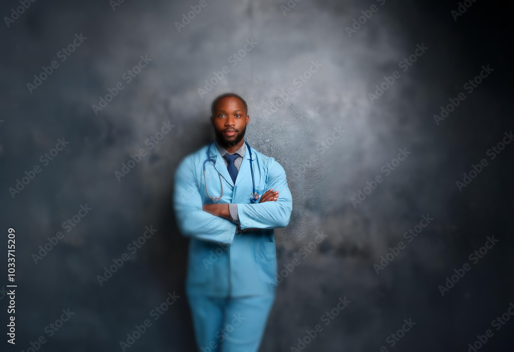 A man in a blue medical uniform stands against a textured gray background, arms crossed, with a stethoscope around his neck. A man in a blue medical uniform stands against a textured gray background, arms crossed, with a stethoscope around his neck.