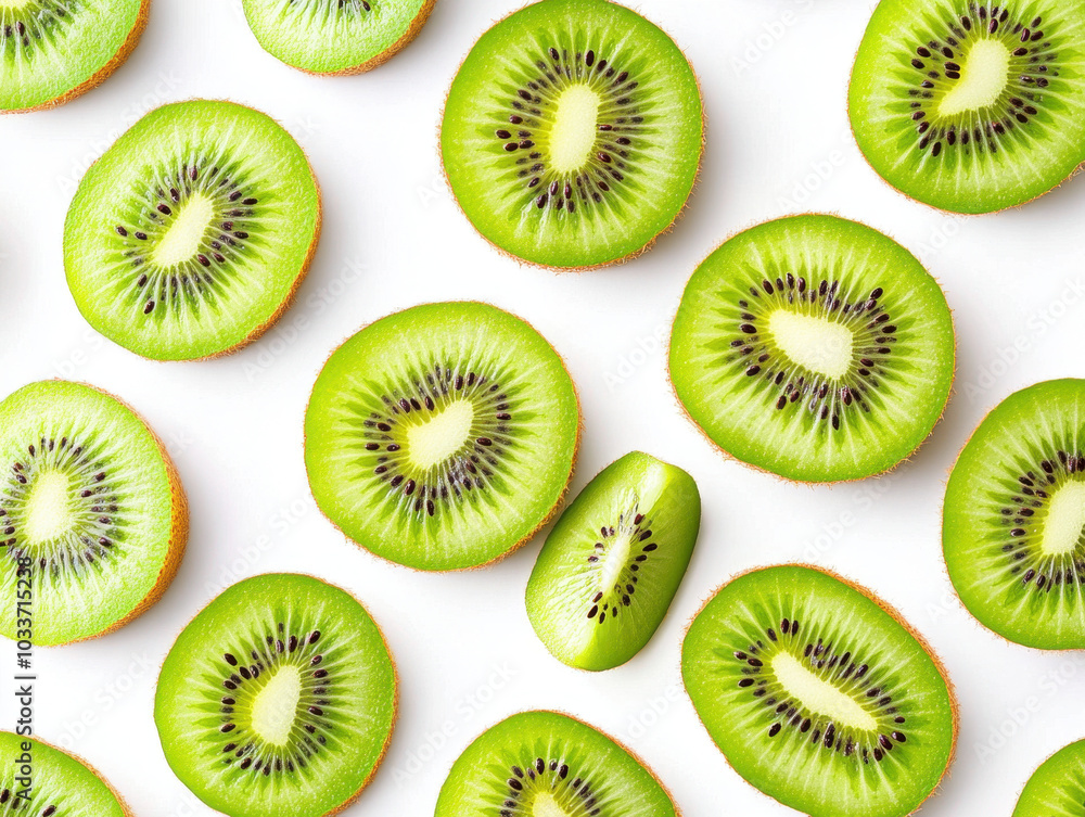 Sliced kiwi arranged on a clean white background, perfect for healthy eating Sliced kiwi arranged on a clean white background, perfect for healthy eating