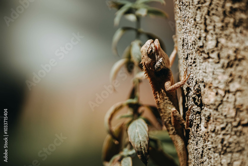 The Wild Garden Lizard, A rare Wild Lizard climb tree found widely in Glamping/Camping site photo