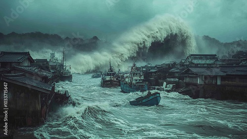 This gripping image depicts a crowded evacuation route with people fleeing as a massive tsunami wave looms in the distance, showcasing the urgency of emergency services directing traffic.


