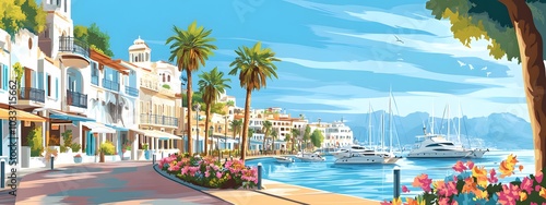 A beautiful illustration of the coastal city street in Sh quien el marina, Egypt with luxury villas and shops on either side of it.