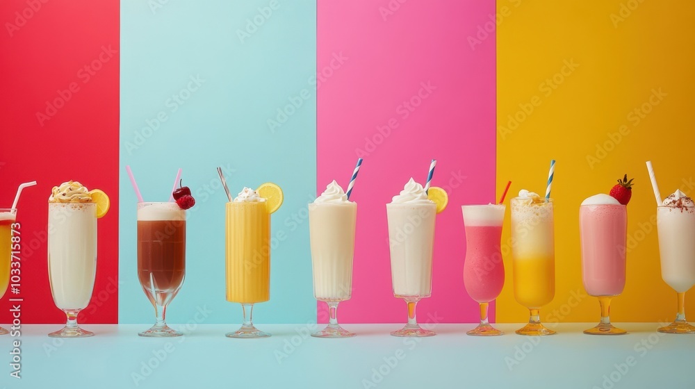 Fototapeta premium A vibrant display of assorted drinks and milkshakes in tall glasses showcases a cheerful atmosphere perfect for summer enjoyment. Generative AI