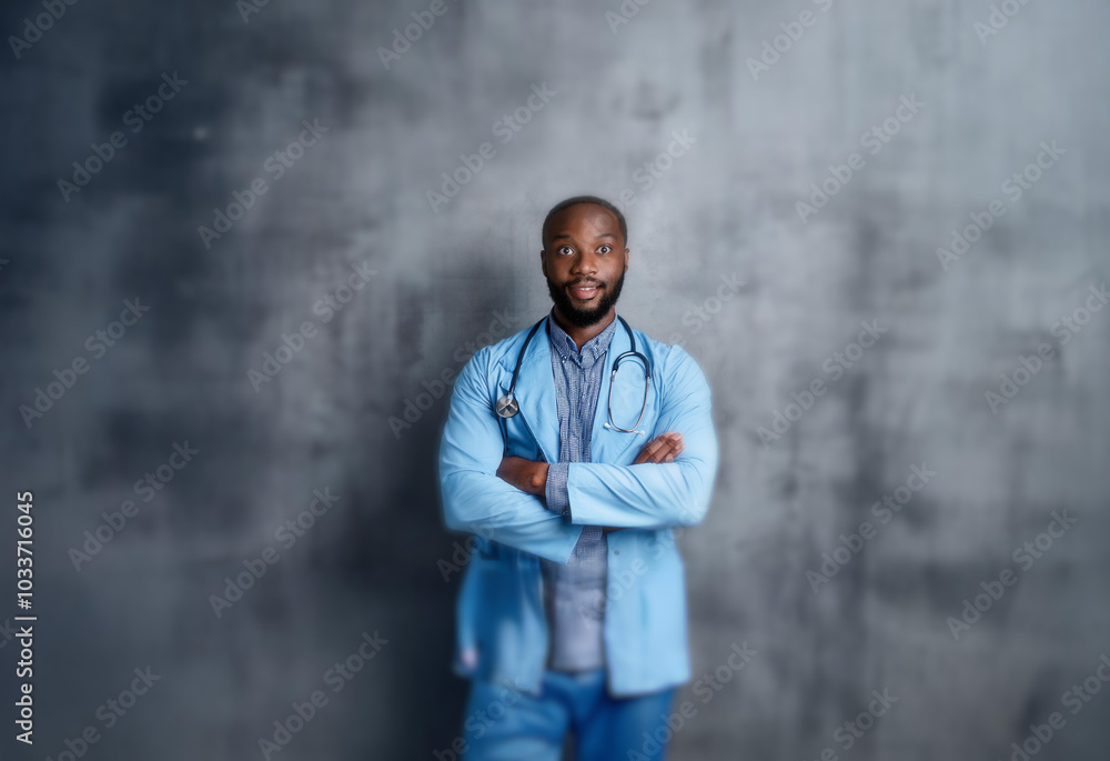 A man in a blue lab coat with a stethoscope around his neck stands against a gray textured wall with his arms crossed. A man in a blue lab coat with a stethoscope around his neck stands against a gray textured wall with his arms crossed.