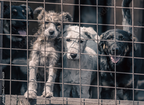 four puppies behind bars in a cage photo