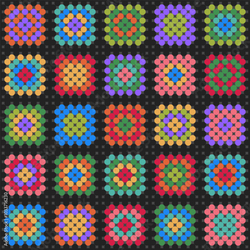Timeless colorful Granny's Square blanket flat geometric Vector Pattern. Classic black background graphic crochet squares patchwork seamless pattern.