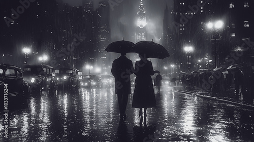 Moody black and white cityscape in the rain, with reflections of streetlights and pedestrians holding umbrellas on the wet pavement. A dramatic and cinematic urban moment.