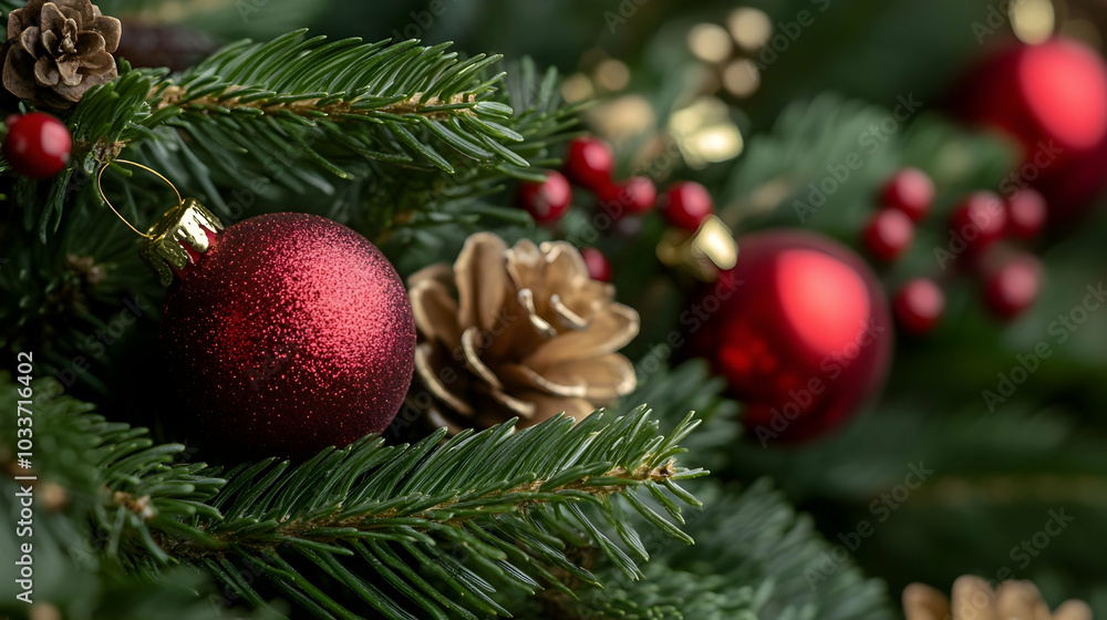 Macro shot of a Christmas tree branch adorned with festive decorations - Macro shot of a Christmas tree branch adorned with festive decorations -