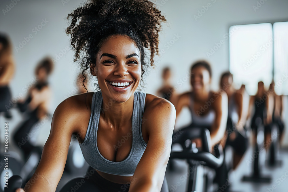 Energetic Group Indoor Gym Cycling Class with Smiling Woman in Focus Energetic Group Indoor Gym Cycling Class with Smiling Woman in Focus