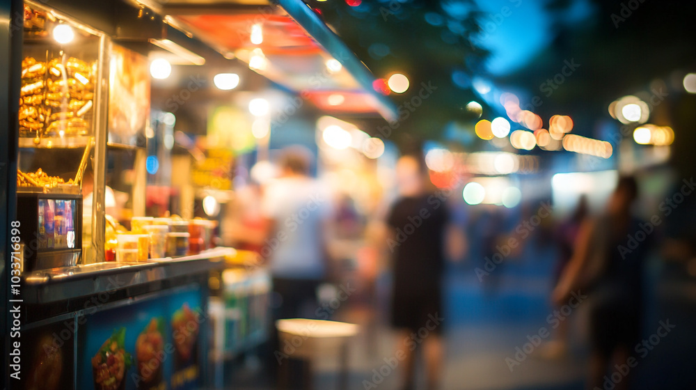 Vibrant street food market at dusk with illuminated stalls and lively atmosphere Vibrant street food market at dusk with illuminated stalls and lively atmosphere