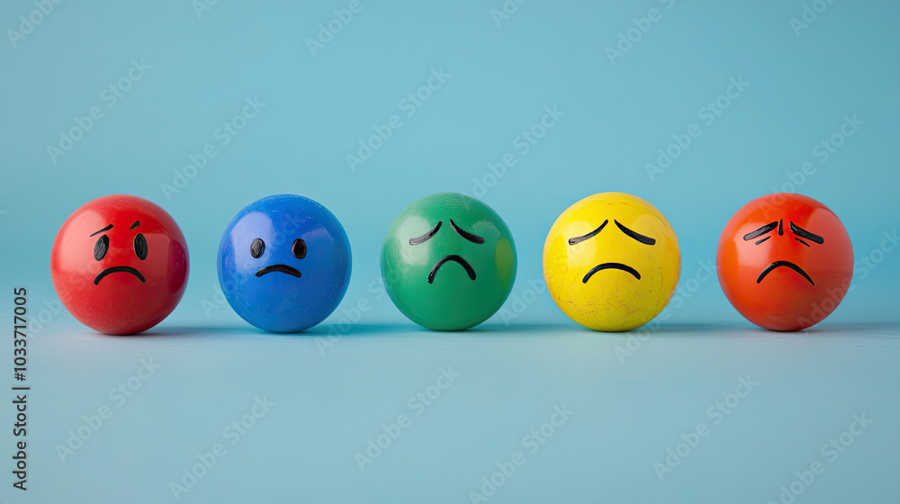 Colorful emotion balls featuring happy, confused, and angry faces, placed against a solid background to highlight the different moods --chaos Colorful emotion balls featuring happy, confused, and angry faces, placed against a solid background to highlight the different moods --chaos