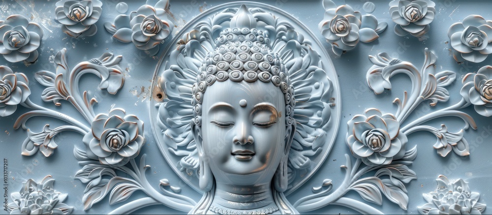Intricately carved Buddhist statue with floral and leaf relief design as an ornate architectural or interior design element The serene Intricately carved Buddhist statue with floral and leaf relief design as an ornate architectural or interior design element The serene