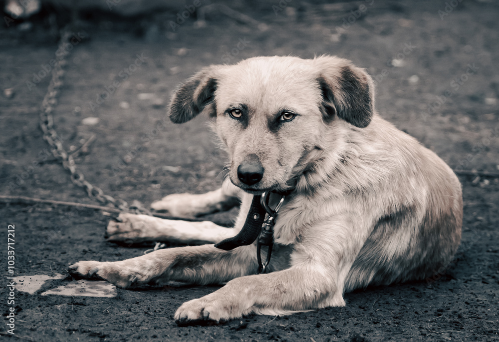 mongrel dog on a chain in a farm mongrel dog on a chain in a farm