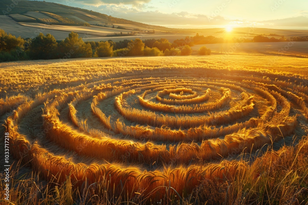A stunning view of a world wonder showcasing the mysterious crop circles, a captivating phenomenon in agricultural landscapes. These intricate patterns spark curiosity and intrigue, highlighting the i A stunning view of a world wonder showcasing the mysterious crop circles, a captivating phenomenon in agricultural landscapes. These intricate patterns spark curiosity and intrigue, highlighting the i