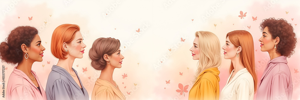 Empowering background for International Women's Day card featuring diverse women facing each other Empowering background for International Women's Day card featuring diverse women facing each other