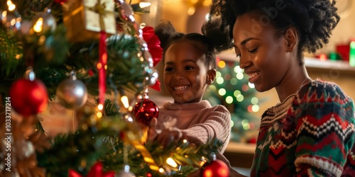 A cheerful moment captured as a mother and her daughter happily decorate a Christmas tree together with colorful ornaments and lights, spreading festive joy and creating cherished memories.