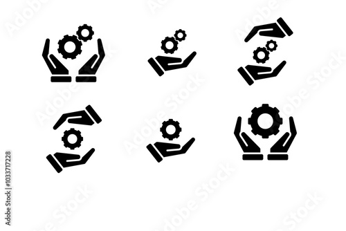 hand icon set. Hand holding cogwheel icon, Gear in hand sign, Maintenance service guarantee, Setting and repair sign. simple design style 