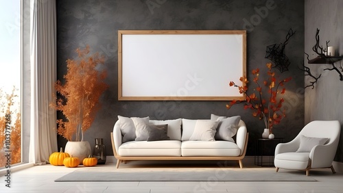 Modern minimalist landscape wall art mockup with sofa for Halloween, blank frame for horizontal wall art bedroom mockup, Halloween vibes of the room interior design