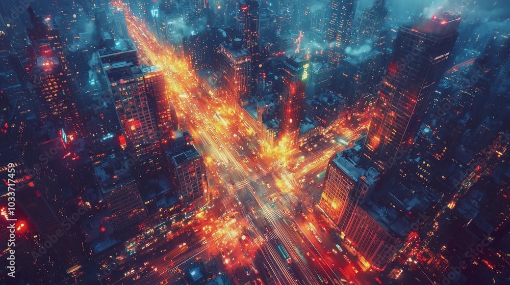 Aerial view of a busy city intersection at night, glowing with colorful lights and traffic trails, creating a dynamic urban scene full of life and motion. Aerial view of a busy city intersection at night, glowing with colorful lights and traffic trails, creating a dynamic urban scene full of life and motion.