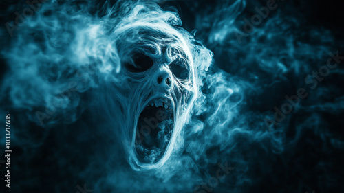 Ghost face in smoke. Halloween celebration with scream devil
