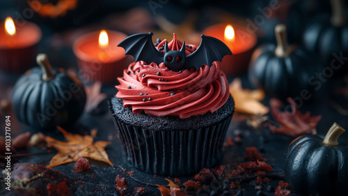 Bat on cupcake halloween. Dessert festival ghost meal
