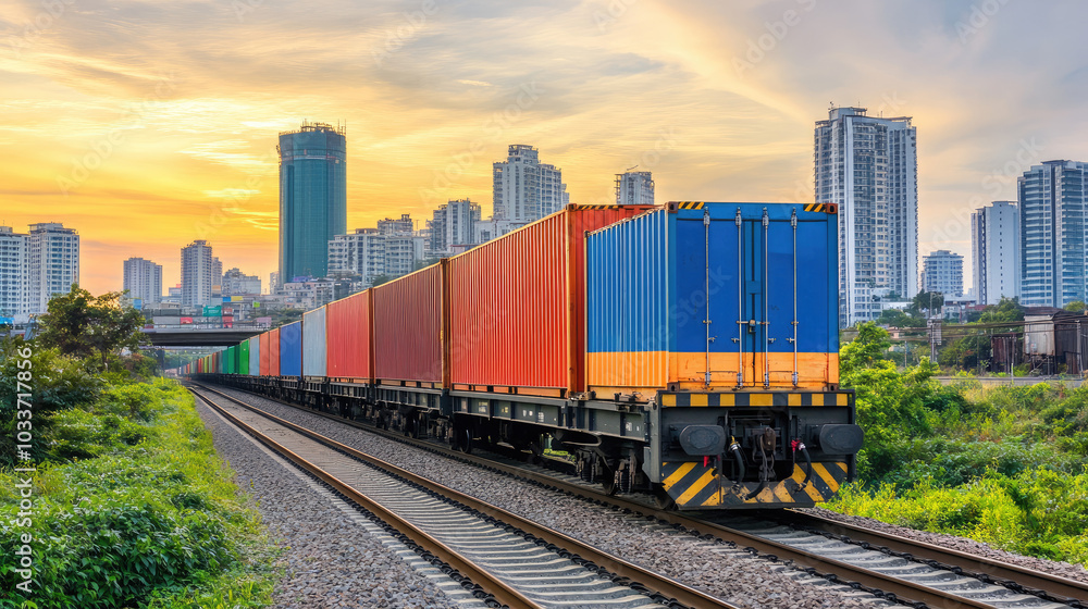 Containers securely loaded on a freight train, moving through an urban area with high-rise buildings and industrial facilities nearby --chaos Containers securely loaded on a freight train, moving through an urban area with high-rise buildings and industrial facilities nearby --chaos
