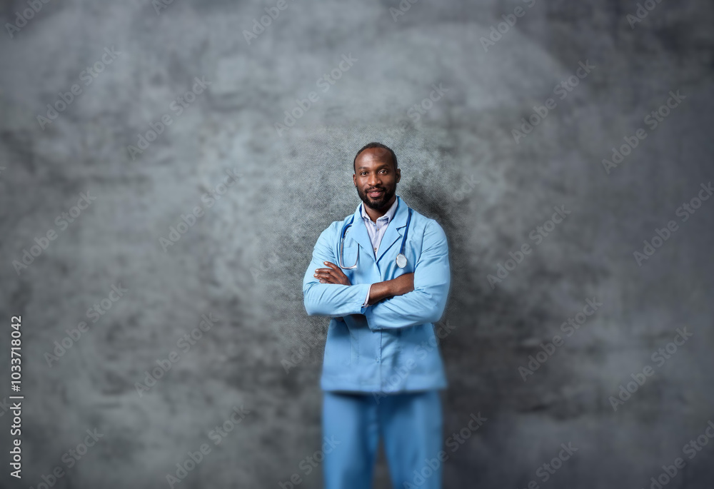 A man in a blue medical uniform stands against a textured gray background with his arms crossed. A man in a blue medical uniform stands against a textured gray background with his arms crossed.